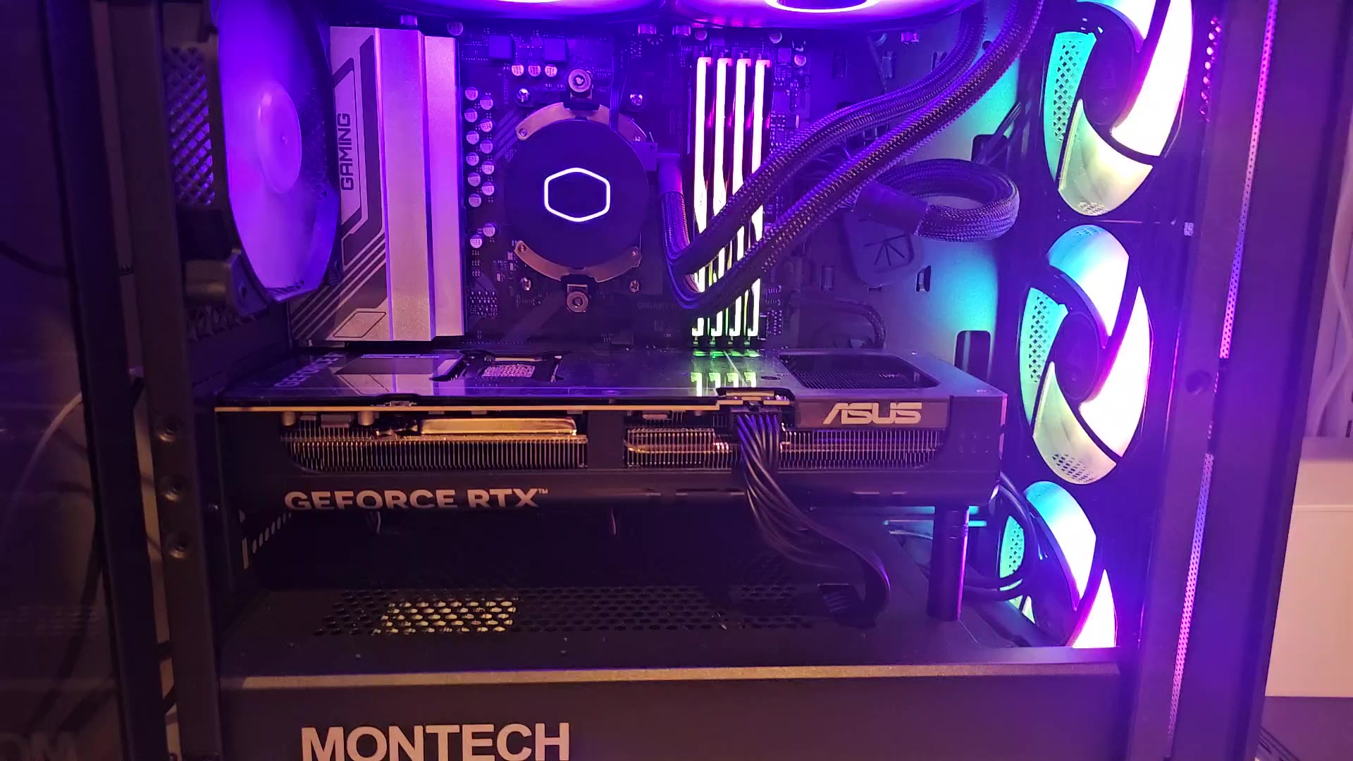 Gaming PC interior with RGB lighting and RTX 5080