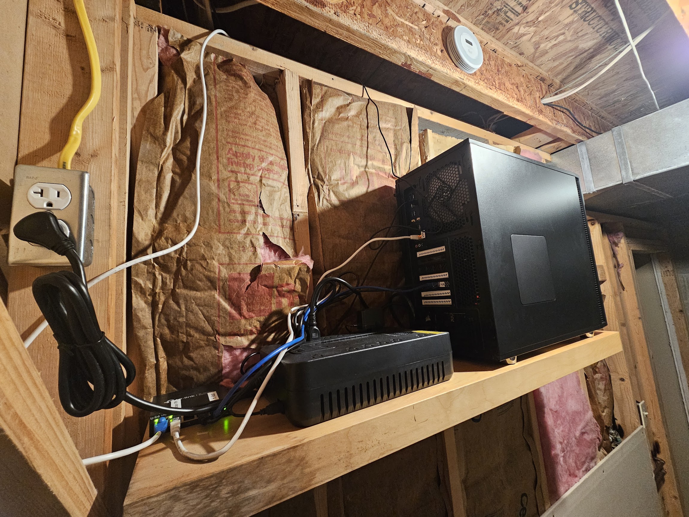 Unraid server installed on attic shelf