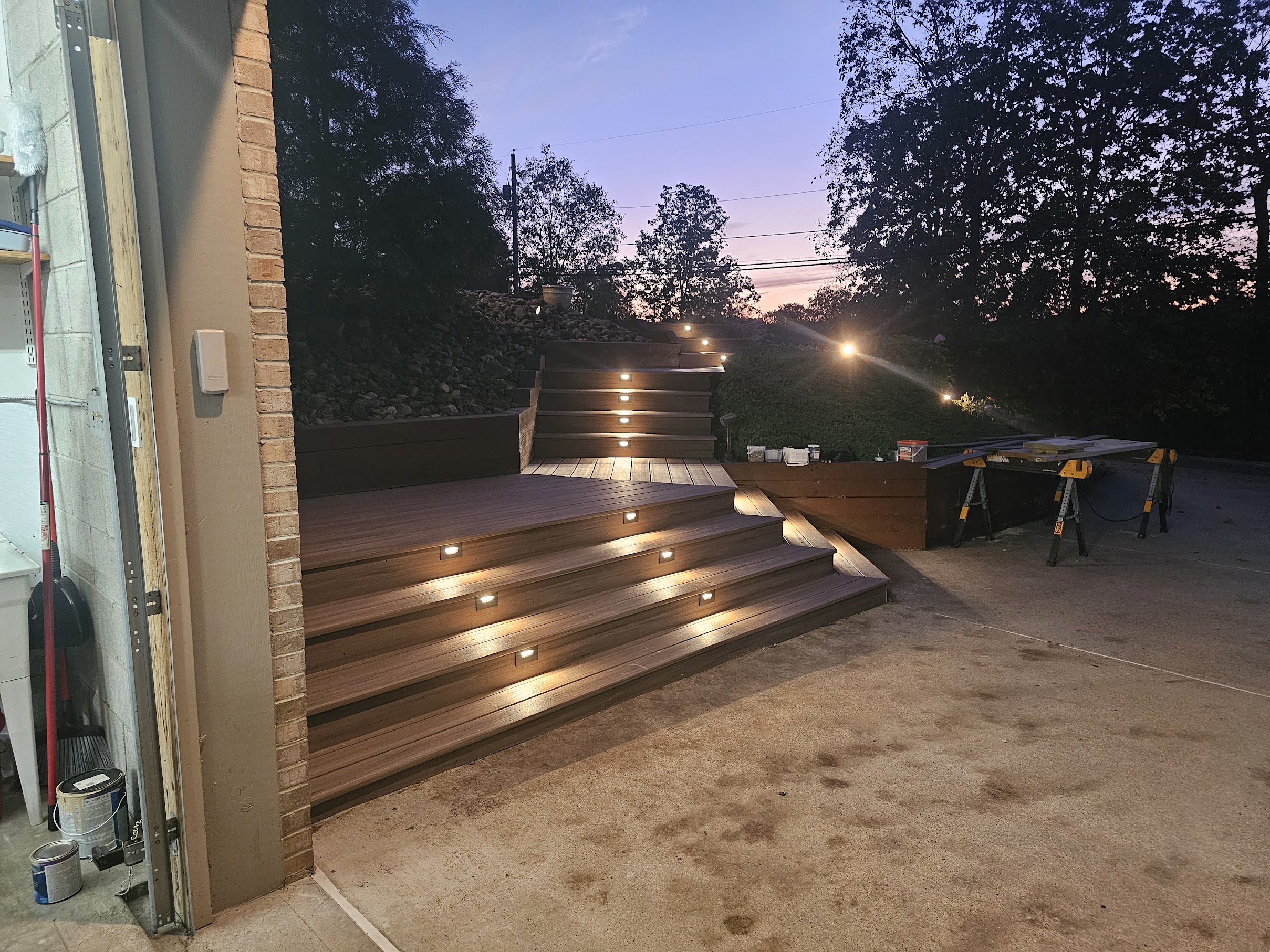Deck lights at dusk from alternate angle